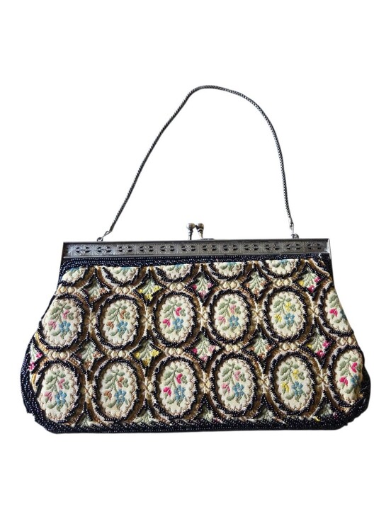 Handbags - Vintage Beaded Tapestry Evening Bag Floral Kiss Lock Silver Chain Purse